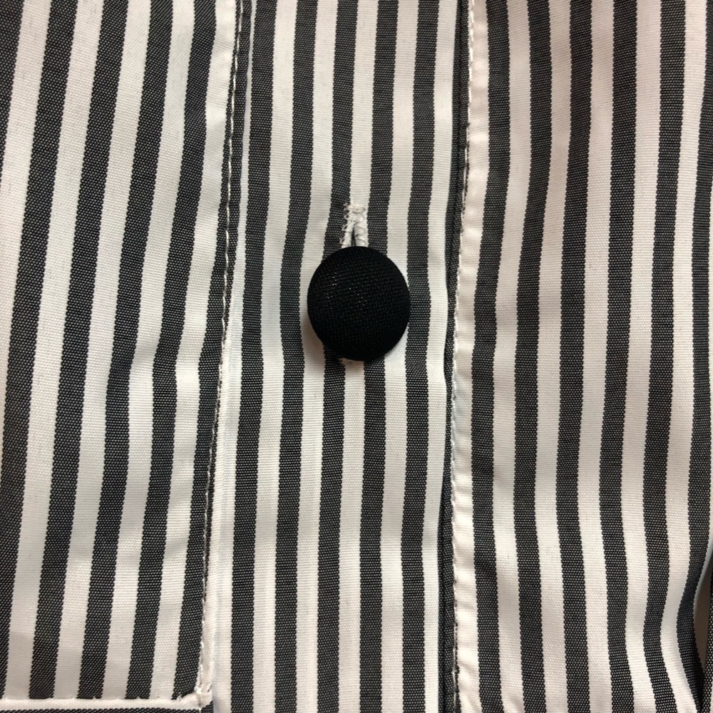 White and gray striped dressy blouse with buttons up the back, waistband - Picture 9 of 12